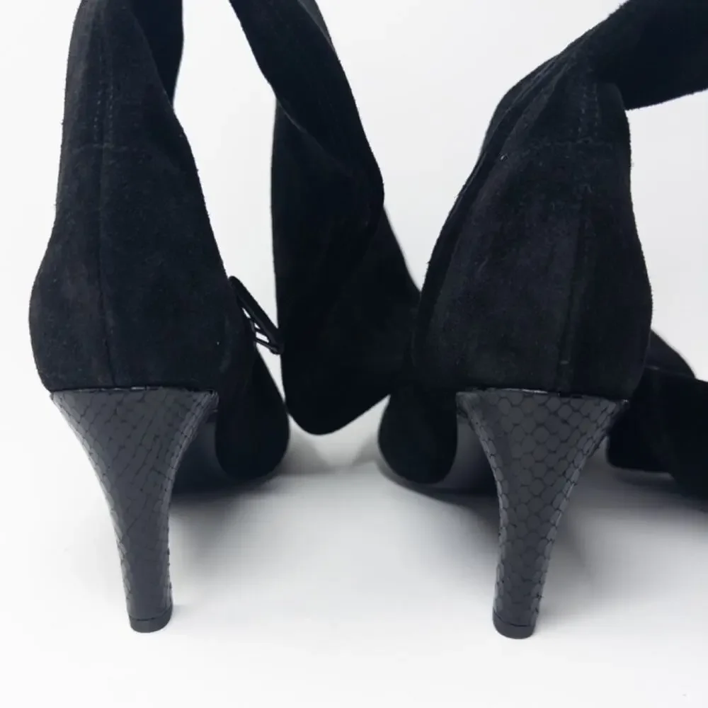 Tory Burch Over the Knee Stretch Boot Womens 7 Black Suede 80mm Snake Skin Heel - Picture 9 of 10